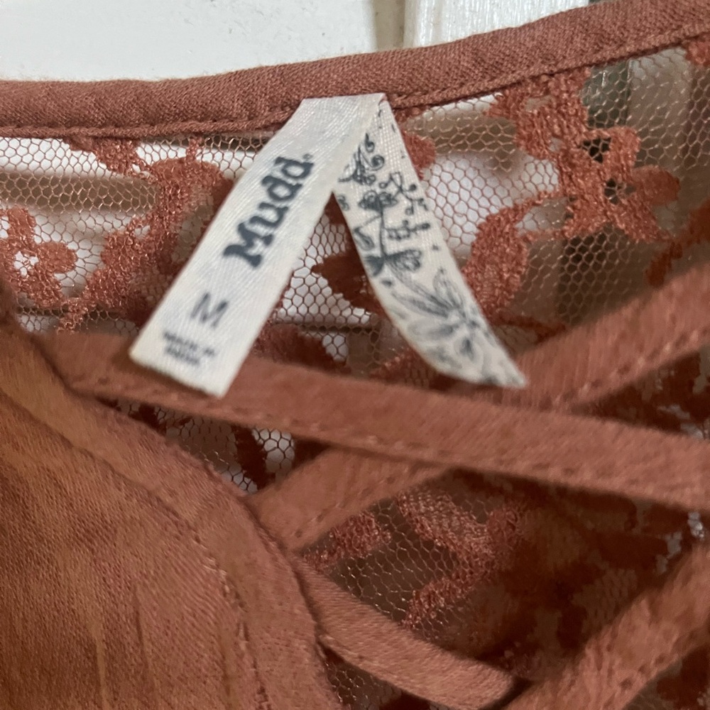 MUDD Copper Tan Bell Sleeve Lace Tie Front Blouse - Picture 2 of 9